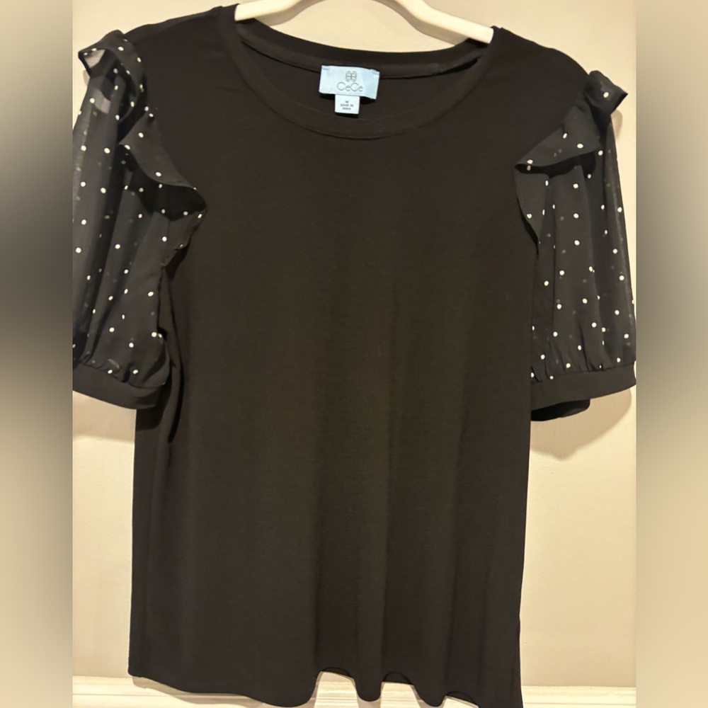 Women's Black short Sleeve with White Polka Dots RmTop - Size Medium NWOT